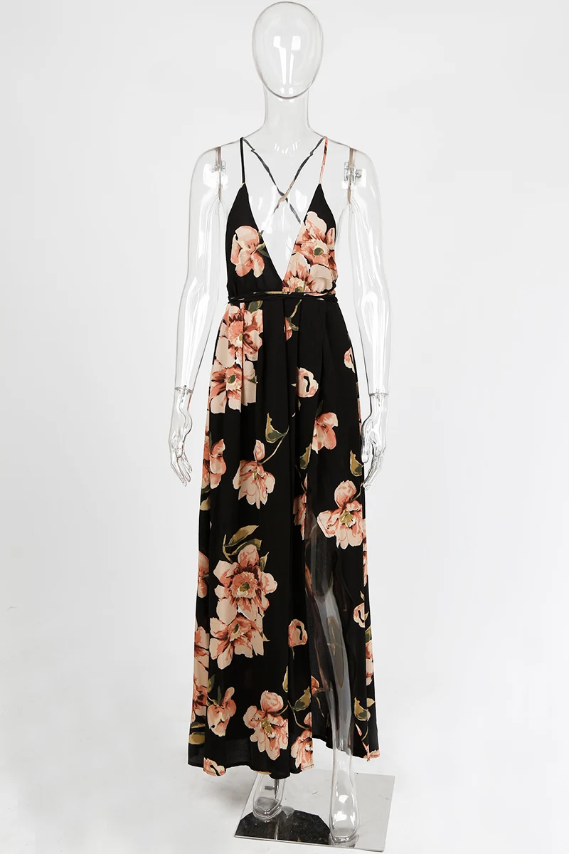 BONGOR LUSS Chiffon Summer Beach Dress Women Sexy Deep V-Neck Spaghetti Strap Backless Long Dress Boho Floral Print Maxi Dress (7)