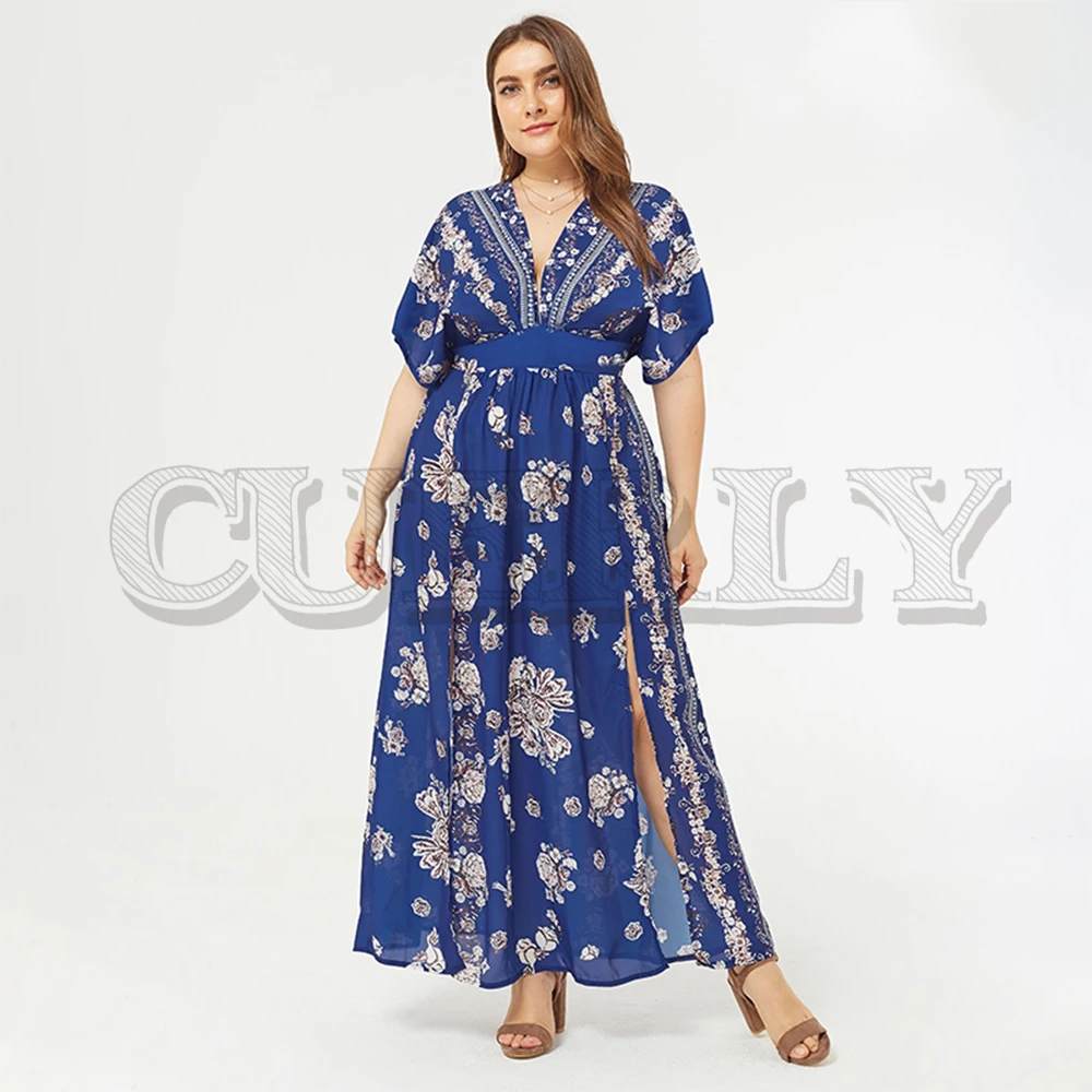

CUERLY Boho floral print plus size women holiday dress V neck short sleeve split long vestidos Summer female beach dress 2019