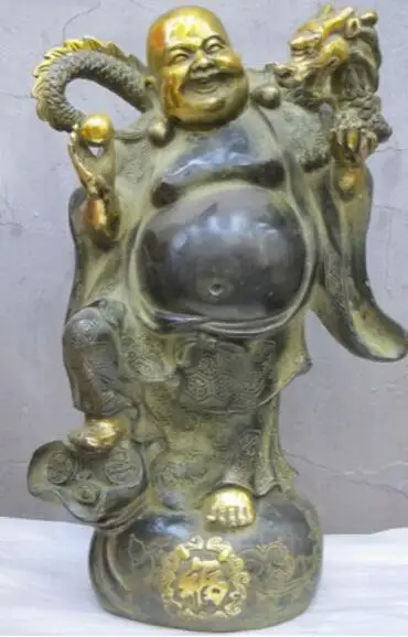 

SHUN 13" Dragon Year providential Bronze Pelycosaur Dragon Buddah Maitreya Statue