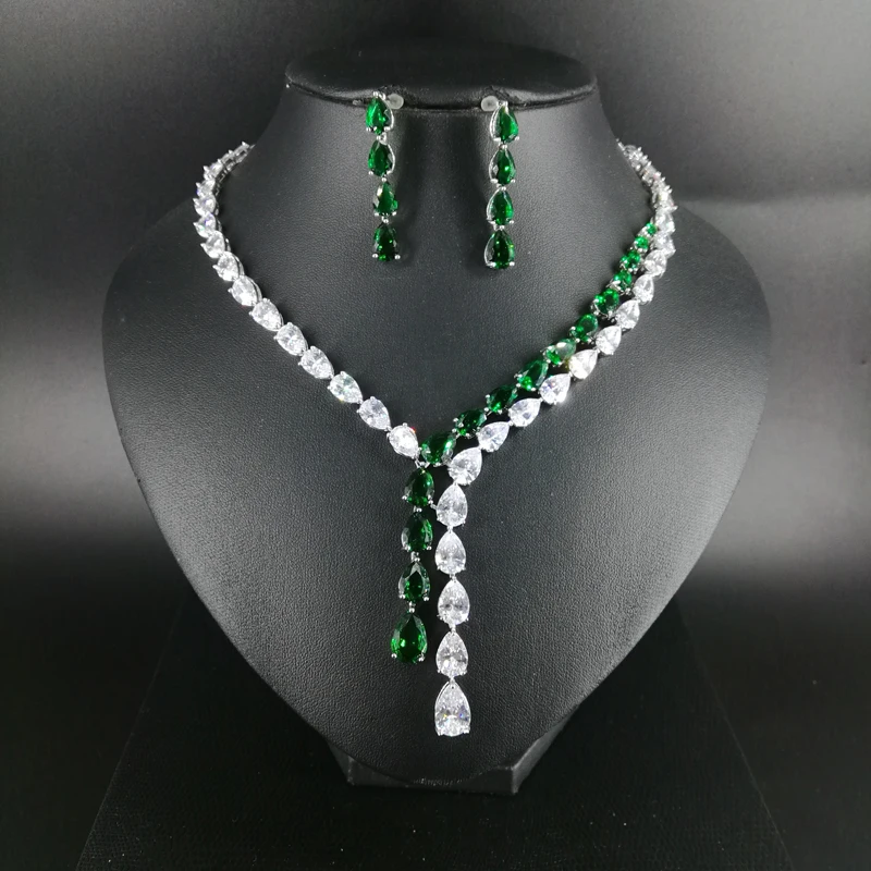 

New fashion Tassels green yellow crystal red zircon wedding necklace earring set,bride dressing,dinner ball party jewelry set