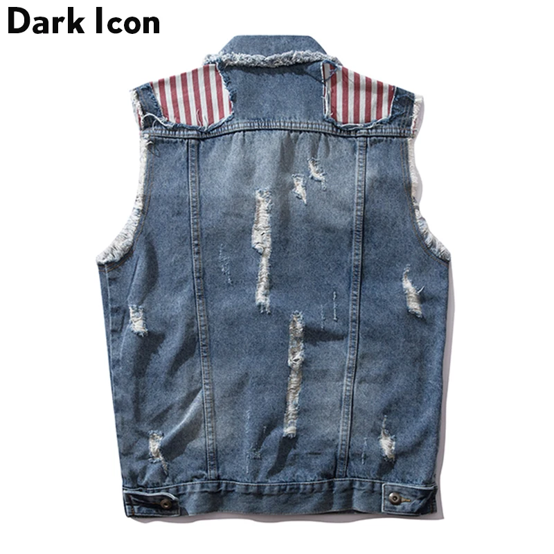 Dark Icon Ripped Patchwork Men's Vest New Fashion Denim Vest Hip Hop Vest Men Streetwear Clothing
