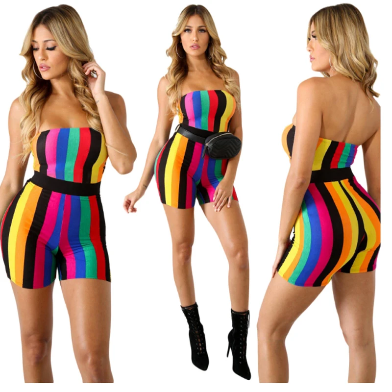 Women One Piece Set Strapless Outfits Jumpsuits Sleeveless Strip Bodycon Shorts Pants Rompers