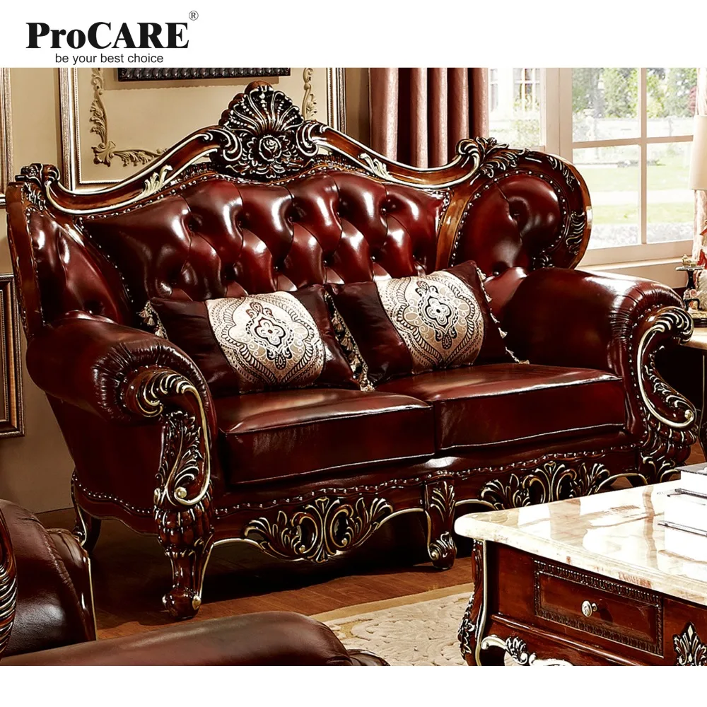 luxury 3 different sets red solid wood genuine leather sofas set living room furniture with coffee table in China-PRF6801/05/08