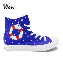 Вэнь Вулканизированная обувь дизайн парусная лодка волна точка ручная роспись оригинальная обувь мужская парусиновая обувь женские кроссовки высокая обувь флэтс