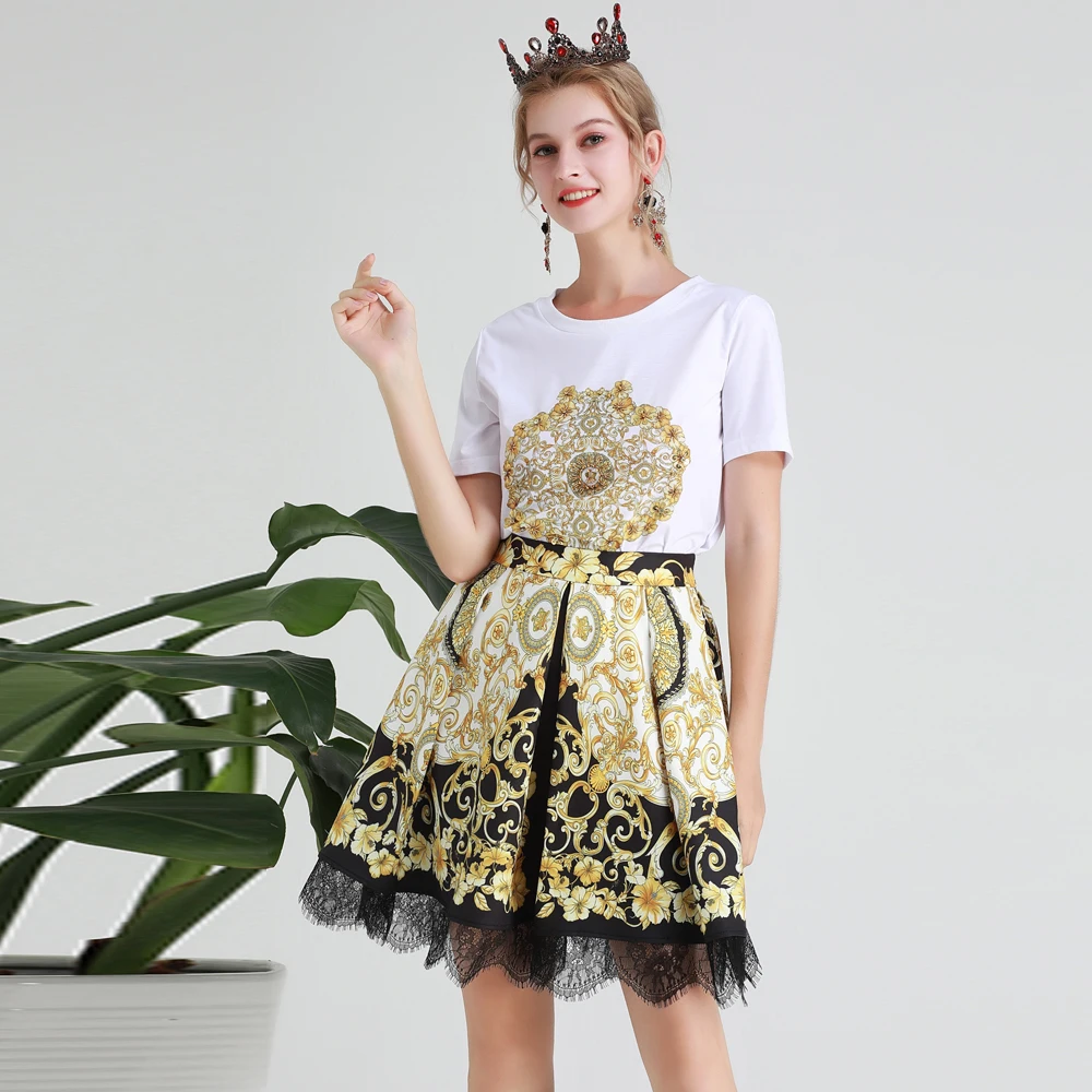 

Red RoosaRosee Runway Designer Fashion Women 2 Piece Skirt Set Vintage Print Bead Sequin White T-shirt + Lace Skirt Summer Suits