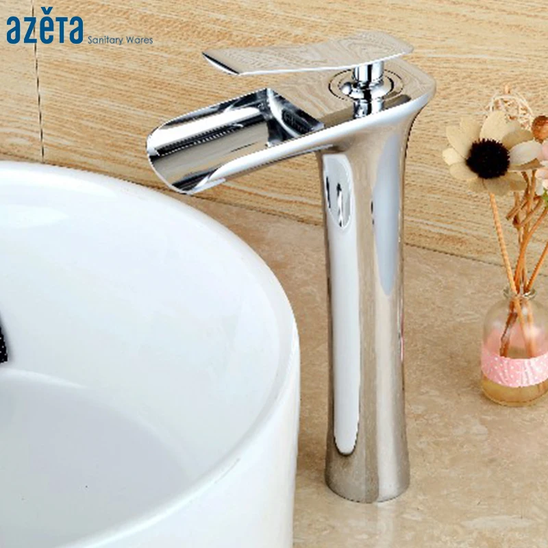 Chrome Plated High Waterfall Basin Mixer Tap Bathroom Brass Material Zinc Handle Single Hole Deck Mounted Faucet AT7206H | Обустройство