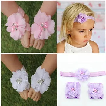 

Infant Baby Pearl Rhinestone Flower Baby Barefoot Sandals Newborn Baby Headbands Set Photography Props Kids Hair Accessories