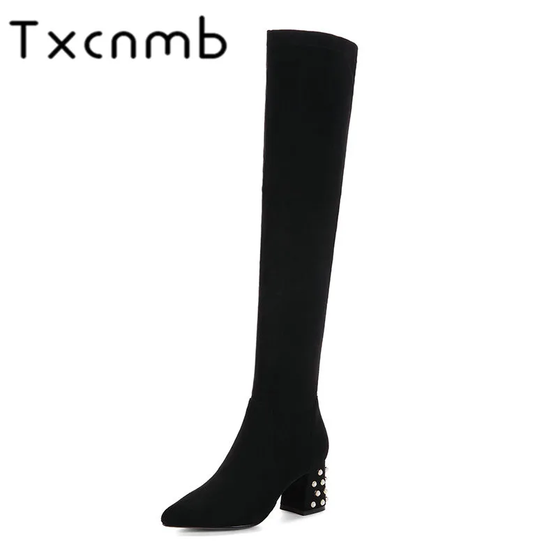 

TXCNMB 2019 Boots Women Over The Knee Boots for Women Winter Flock Leather High Heel Shoes Woman Pointed Toe Gray Boots