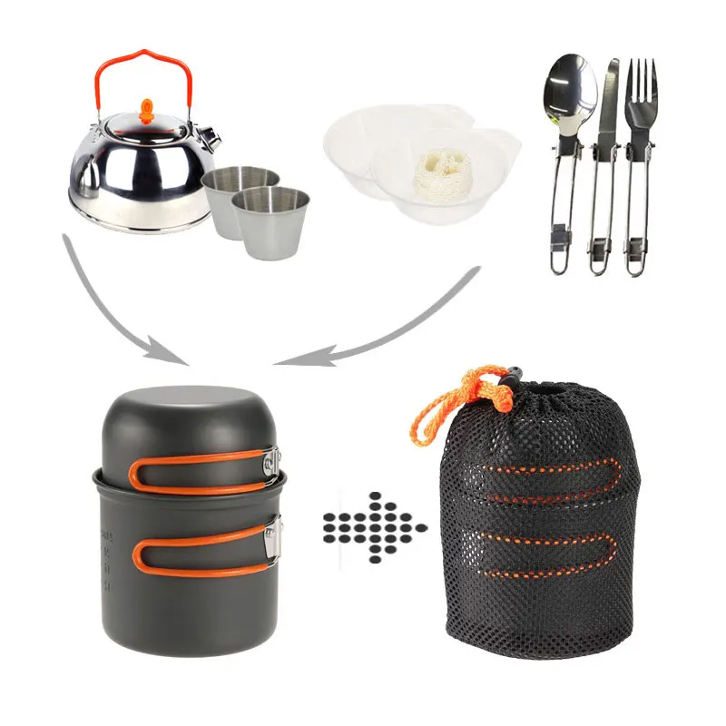 VILEAD acampar al aire libre Pot Set 1-2 personas caminando tetera conjunto olla senderismo Picnic vajilla de acero inoxidable turismo café olla