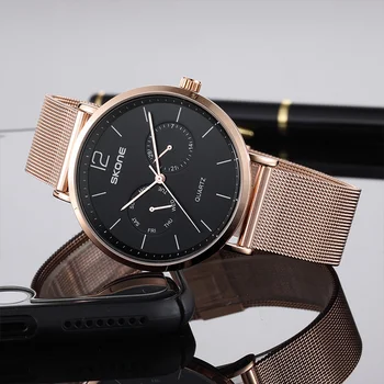 

Skone Brand Business Watches Men Thin Mesh Strap Slim Dial Calendar Luxury Quartz Watch Man Simple Design Men's Wristwatch