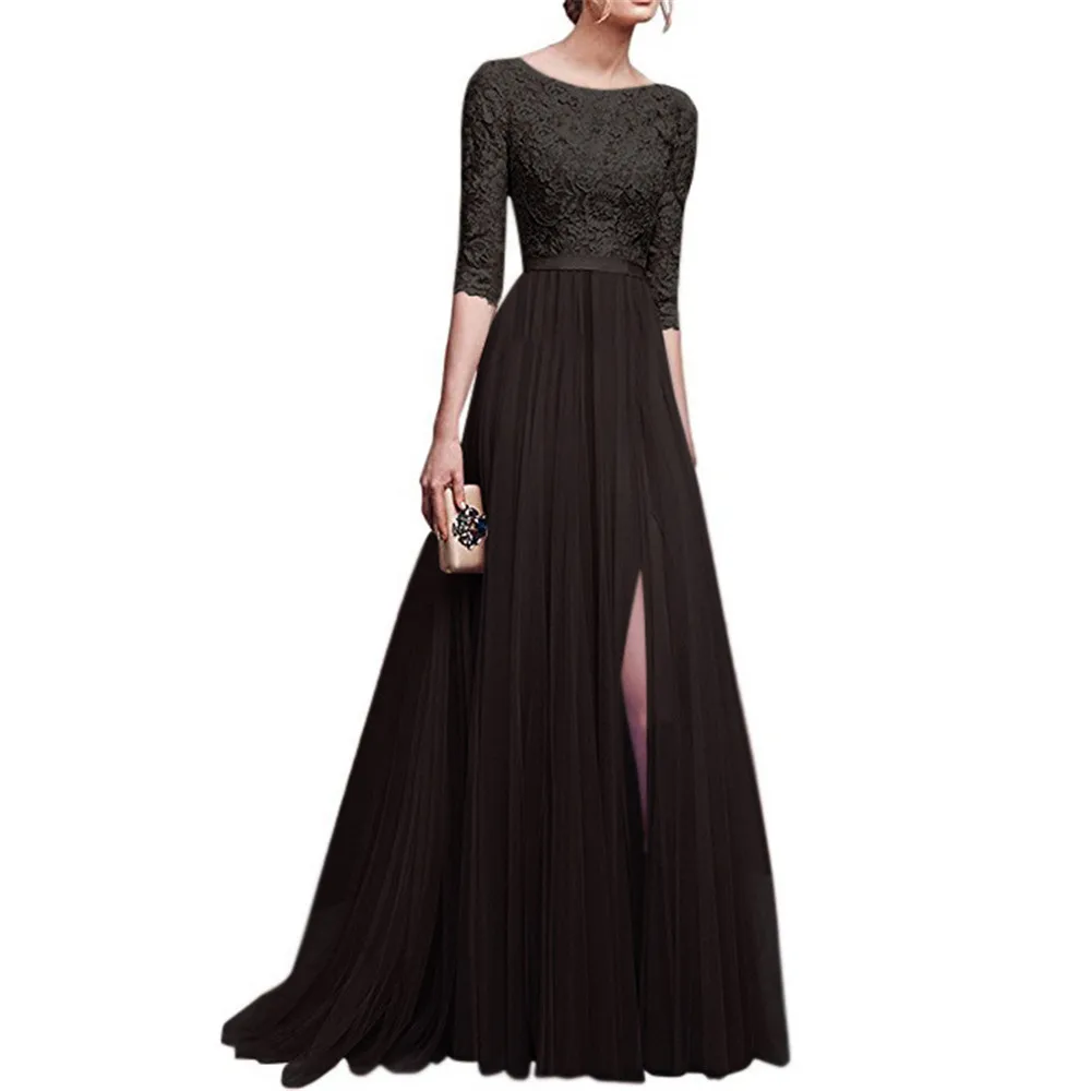 Wipalo, элегантная шифоновая кружевная сшивка с коротким рукавом, длина до пола, макси, женское вечернее платье размера плюс, vestidos robe - Цвет: Black