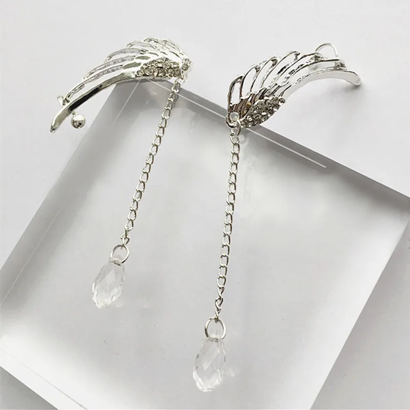 Fashion Crystal Hollow Angel Wings Earrings Feather Ear Cuff Clip Tassels For Women Statement Jewelry Unique Gifts | Украшения и