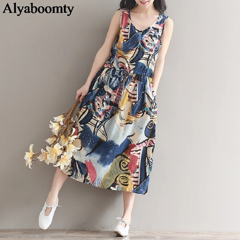 

Mori Girl Summer Women Beach Sundress Contrast Color Printed Vintage Sleeveless Midi Dresses Cotton Linen Casual Loose Vestidos