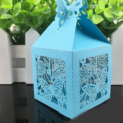 50 шт. тонкая Лазерная резка коробка для сладостей с бабочкой для фестиваля вечерние подарочные коробки для конфет для свадебного банкета Романтические свадебные украшения - Цвет: Sky Blue