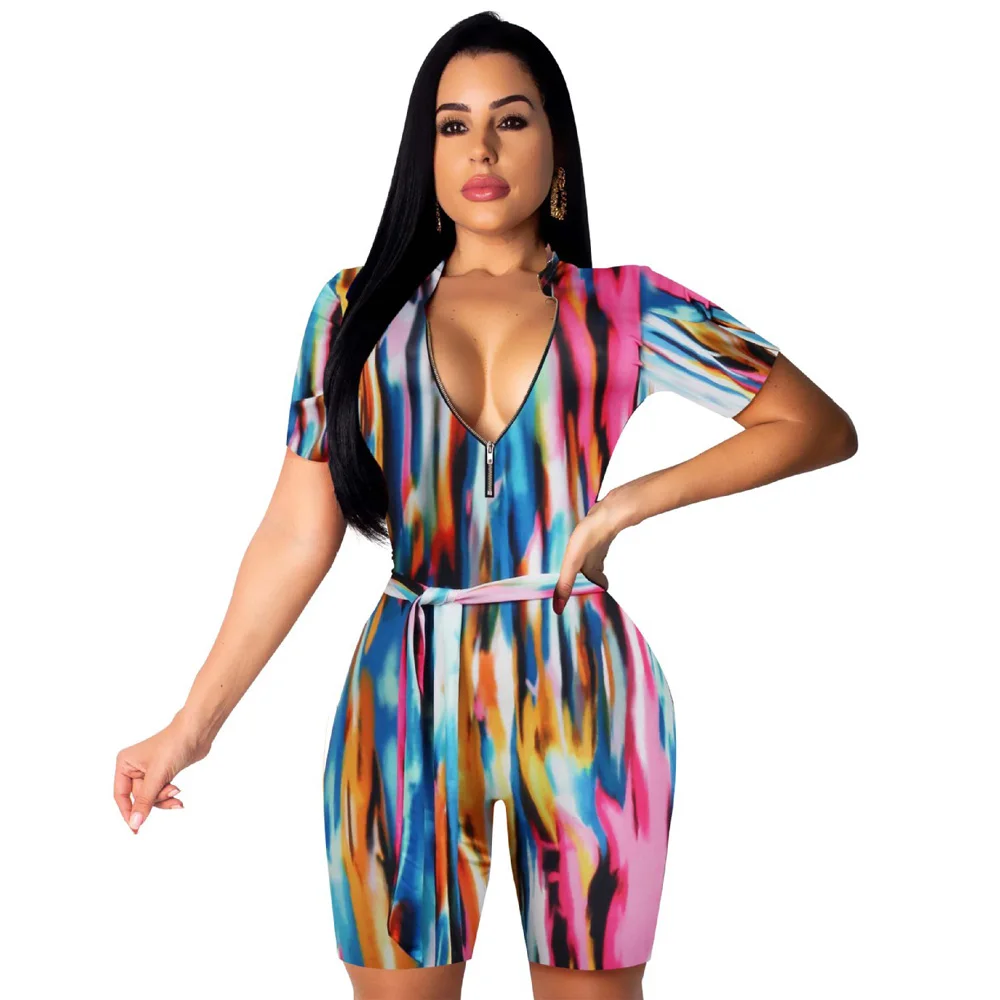

Sexy Zipper Deep V Neck Jumpsuit Women Summer Casual Print Short Sleeve Bodycon Playsuit Night Club Party Overalls Bodysuits