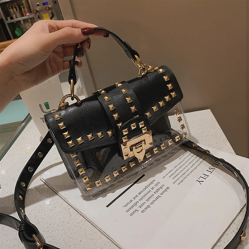 PVC المرأة حقيبة كتف مع برشام شفافة صغيرة crossbody أكياس سستة غلق بمشبك الإناث مخلب أحدث أنيق حقيبة كتف مفردة