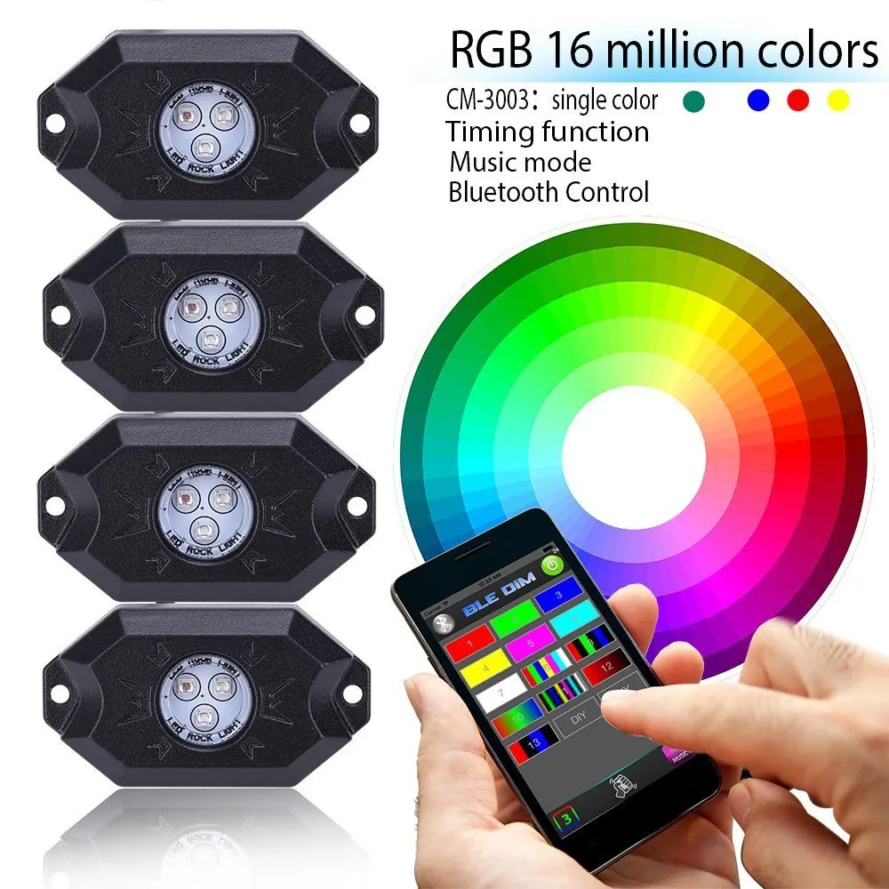 Новые комплект 4шт/набор 8шт/комплект RGB светодиодная рок-огни Беспроводная связь Bluetooth музыкальный мигающий многоцветный для автомобиля лодка offroad 4x4WD Новые комплект 4шт/набор 8шт/комплект RGB светодиодная рок-огни Беспроводная связь Bluetooth музыкальный мигающий многоцветный для автомобиля лодка offroad 4x4WD