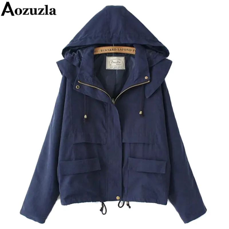 New 2017 Spring Bat Sleeve Windbreaker Hooded Women Navy