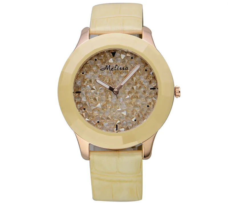 Европейские популярные ЖЕНСКИЕ НАРЯДНЫЕ часы больших размеров, роскошные кожаные Наручные часы MELISSA с кристаллами и керамической рамкой, Relojes Femme F11340 - Цвет: Цвет: желтый