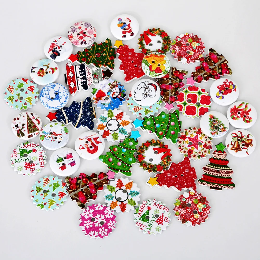 

50Pcs/lot Random Mixed Wooden Button Christmas Pattern Scrapbook Decorative Buttons Mix Garment Botoes Accessories For Craft DIY