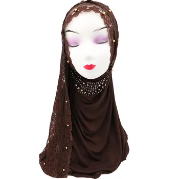 

Fblusclurs Lace Beading Rhinestone Modal Muslim Hijab Novelty Headband Women Patchwork Islamic Wrap