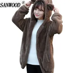 Новые пальто с искусственным мехом для Для женщин Повседневное свободные пушистый медведь уха с капюшоном куртка с капюшоном Теплый
