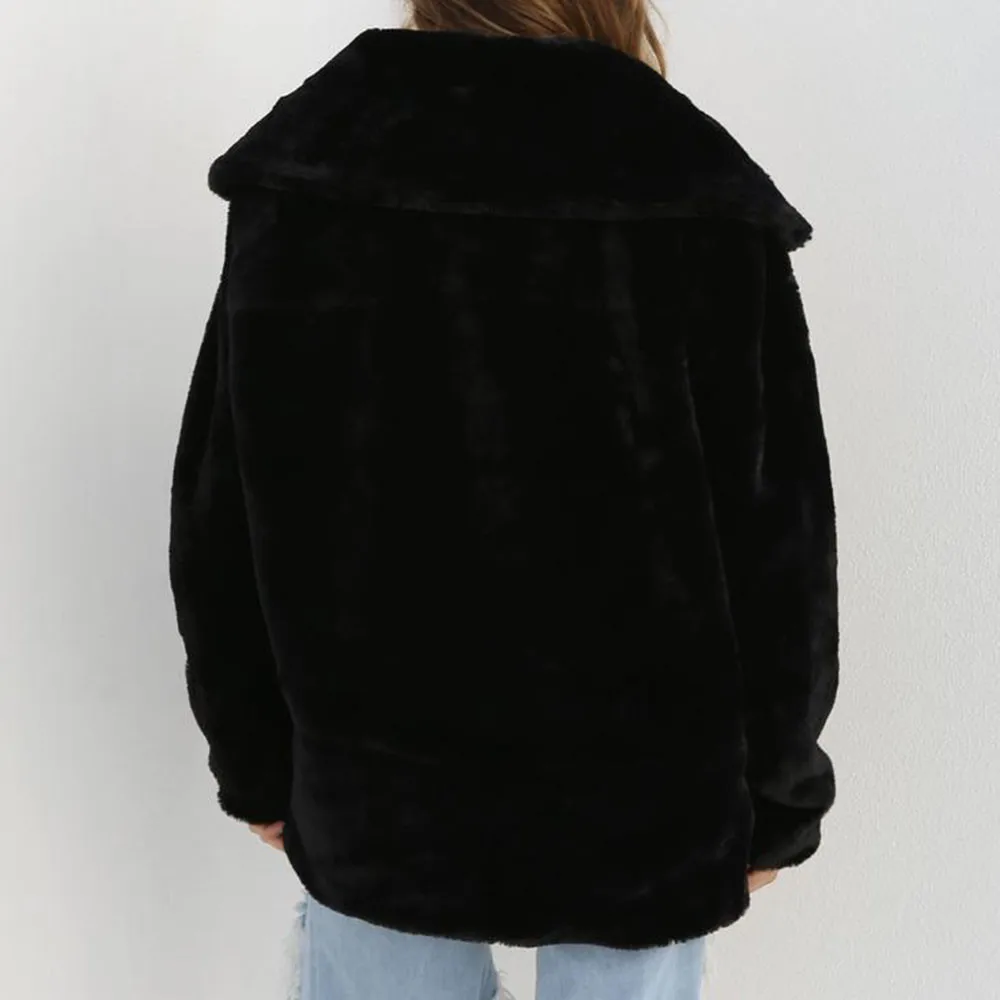 KLV Женское зимнее пальто из искусственного меха, сохраняющее тепло, однотонная верхняя одежда, свободный большой воротник, меховое пальто с длинным рукавом, коричневое, розовое, черное z1120