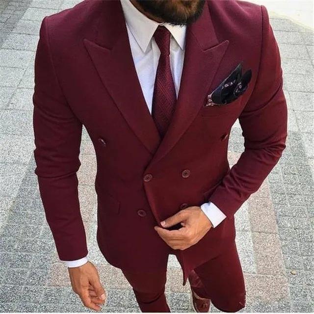 

2019 Wine red Customed Mens Solid Dresses Tailored Men Wedding 2 Pieces suits jacket+pants Groom Prom Party Double-breasted