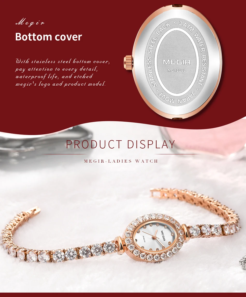 MEGIR роскошные женские часы-браслет из розового золота, модные ювелирные изделия, AAA кубический цирконий, Теннисный кристалл, кварцевые наручные часы для женщин