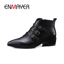 ENMAYER Short boot Genuine Leather Celebrity Autumn Brand Black Med Heel Pointed Toe Women Ankle Boots Shoes Booties Metal CR444 ENMAYER Short boot Genuine Leather Celebrity Autumn Brand Black Med Heel Pointed Toe Women Ankle Boots Shoes Booties Metal CR444