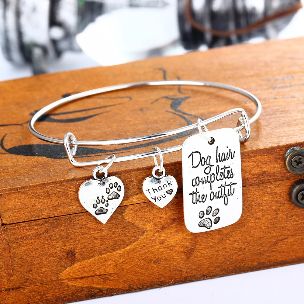 

12PC/Lot Hot Love Heart Dog Tag Paws Prints Bangle Dog Hair Completes The Outfit Pet Charms Gifts For Women Men Bracelet Jewelry