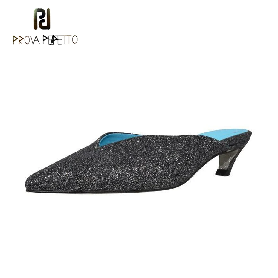 

Prova Perfetto bling bling sequine pointed toe women slippers 2019 new sexy pointed toe kitten heel lady mules party dress shoes
