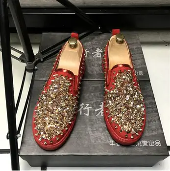 

2018 hot Men's rivet Loafers Platform Casual Flats Shoes Designer Sequined shine night Club Homecoming Dress Wedding Prom shoe