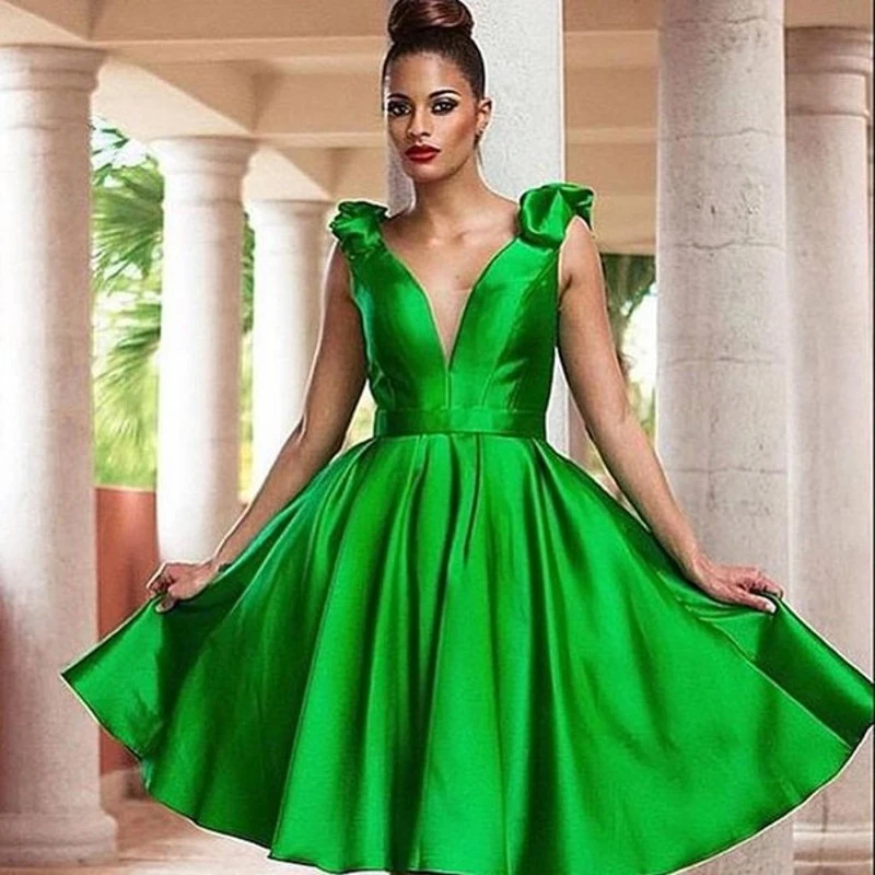 Cocktail En Satin Vert Robe De Bal Courte Col En V Robe De Soiree De Mariage Aliexpress