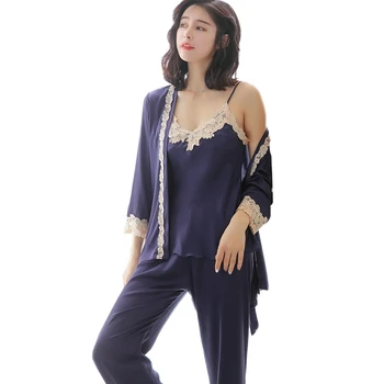 

Satin Pajamas for Women Elegant 3pcs Sleepwear Female Sexy Lace At All Seasons Silk Pajamas Set Coat+Vest+Pants 2020 Pijama