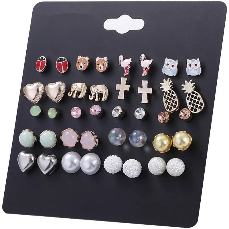 

Insect Heart Earrings Set 12-20pairs/set Simulate Pearl Zircon Stud Earrings For Women Female Gift Earings Jewelry Brincos 2018
