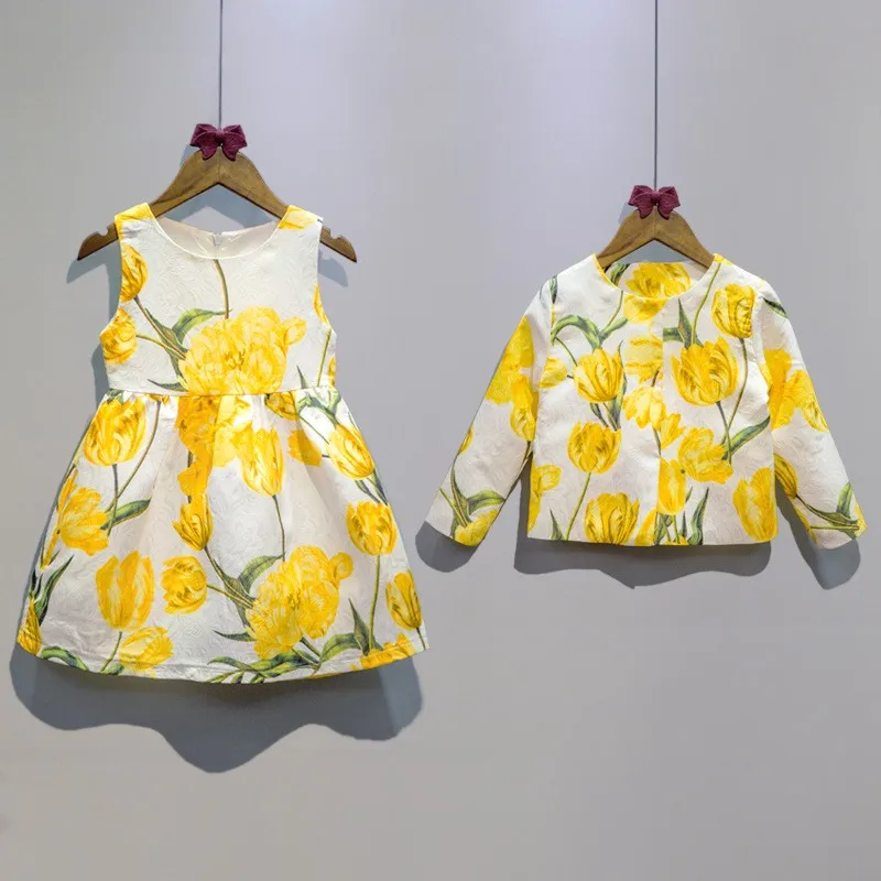 

tulip flower print kids clothes girls 2016 autumn new baby girls party dress yellow dress+jacket children clothing for wedding