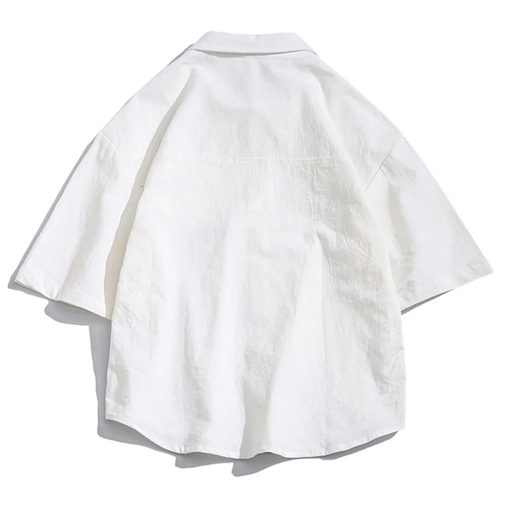 Мужская льняная Свободная рубашка с коротким рукавом большого размера Тонкая блузка с буквенным принтом на груди и карманах уличная