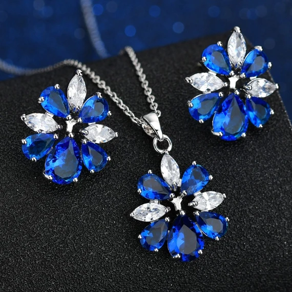

European and American blue fashion crystal zircon inlaid necklace earrings set