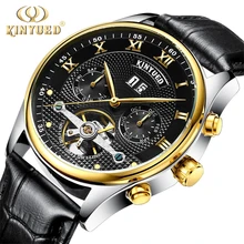 new Kinyued Tourbillon Mechanical Watch Men Automatic Skeleton Genuine Leather Horloges Mannen Stainless Steel Calendar Watches