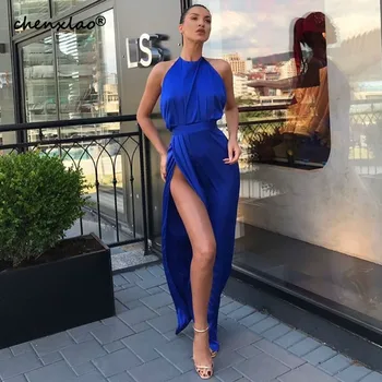 

CHENXIAO 2019 New Blue Evening Dress Long Halter Sleevelvess Split Floor Length Formal Evening Dresses Vestido De Festa Longo