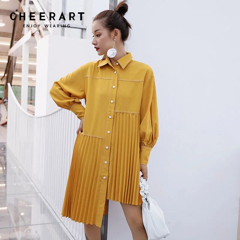 

Cheerart Autumn 2018 Yellow Blouse Women Long Sleeve Pleated Blouse Loose Buttoned Shirt Asymmetrical Top Streetwear