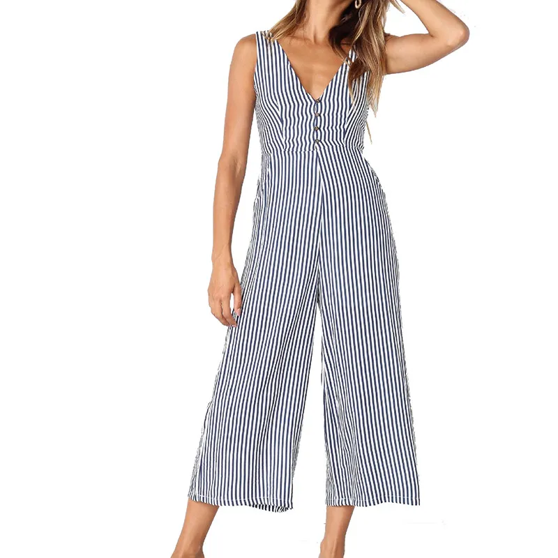 yashangyi Combinaison Femme Casual Stripe Women's Jumpsuits and Romper Sexy V-Neck Summer Button Pocket Overalls Wide Leg Pants 