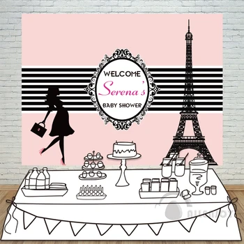 

Birthday backdrops Baby Shower Eiffel Tower Background Black and White Stripe Invitation celebration Party Allenjoy customize