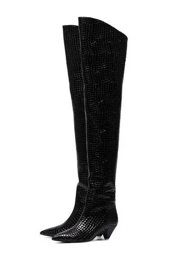 

Drop Shipping Women Fashion Solid Black Python Pointed Toe Spike Low Heels Over The Knee Zip Thigh Leather Long Boots Big Size