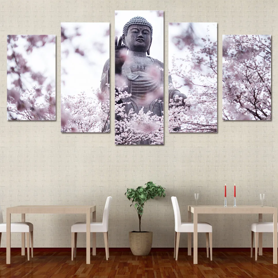 

Pictures HD Print Canvas Painting Wall For Living Room Cuadros 5 Panel Buddha And Cherry Blossom Landscape Picture Painting YGYT