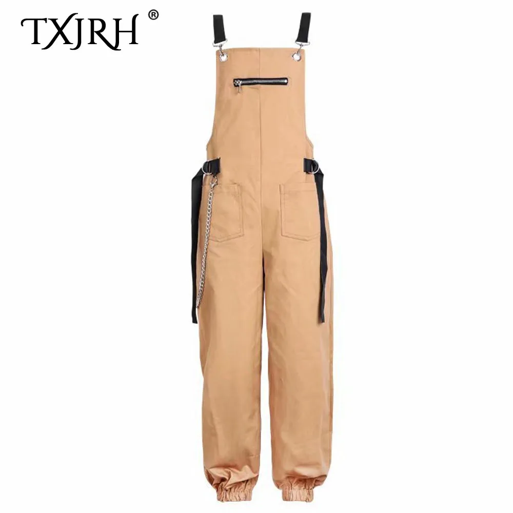 

TXJRH Street Plaid High Waist Cuff Harem Jumpsuits Woman Zipper Pockets Chain Decoration Backless Overalls Rompers 3 Colors