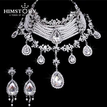 HIMSTORY Luxury Wedding Jewelry Set Imitate Pearl Crystal Rhinestone Drop Choker Bid Necklace Set Bridal Party Prom Jewelry