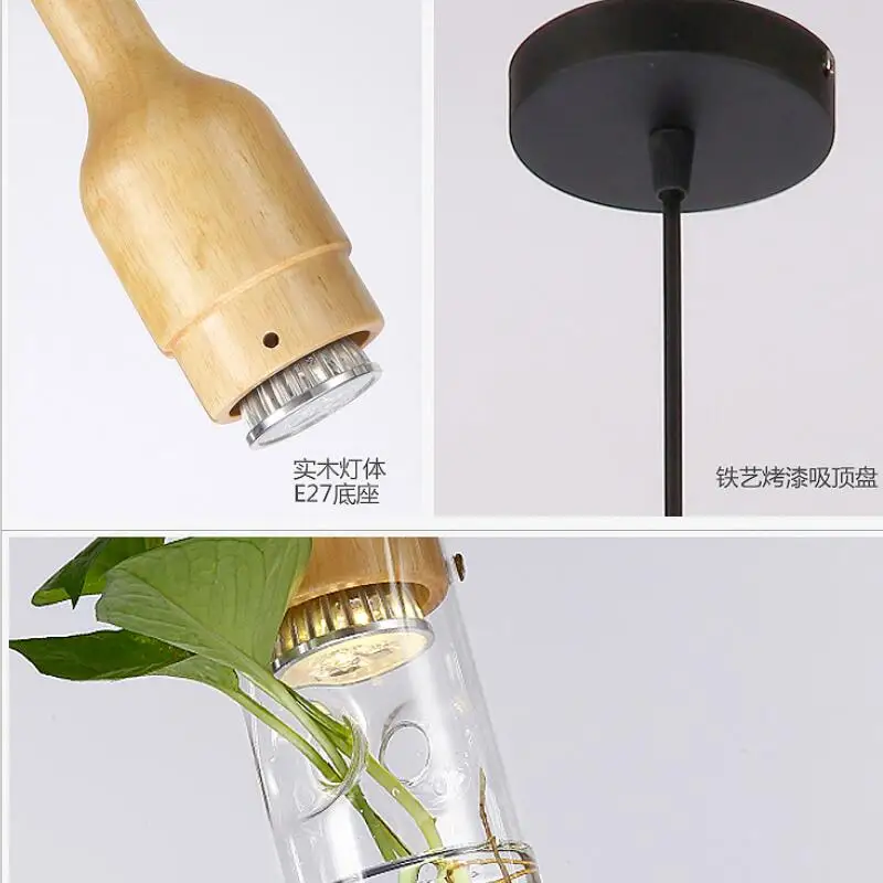 Plant pendant lamp wood glass Bottle Pendant Light Fixture DIY Home Decoration Restaurant Bar E27 hanging lamp