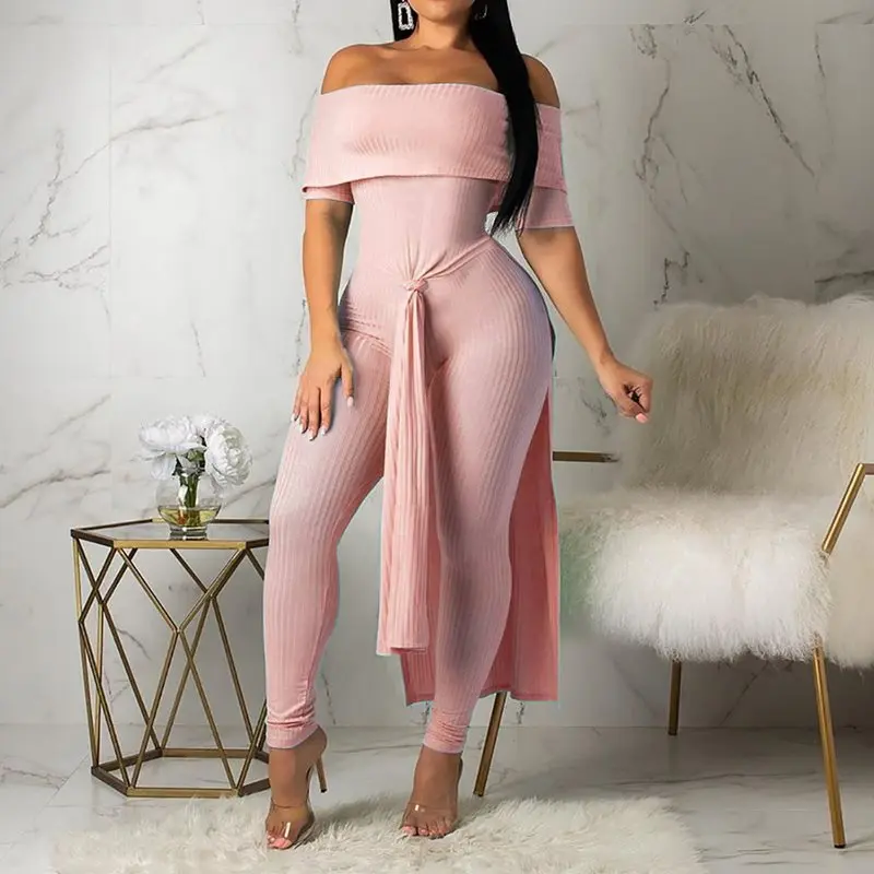 

Summer Pink Sweet Sexy Club African Elegant Office Ladies Jumpsuit Women Skinny Thin Plain Blue Off Shoulder Female Rompers